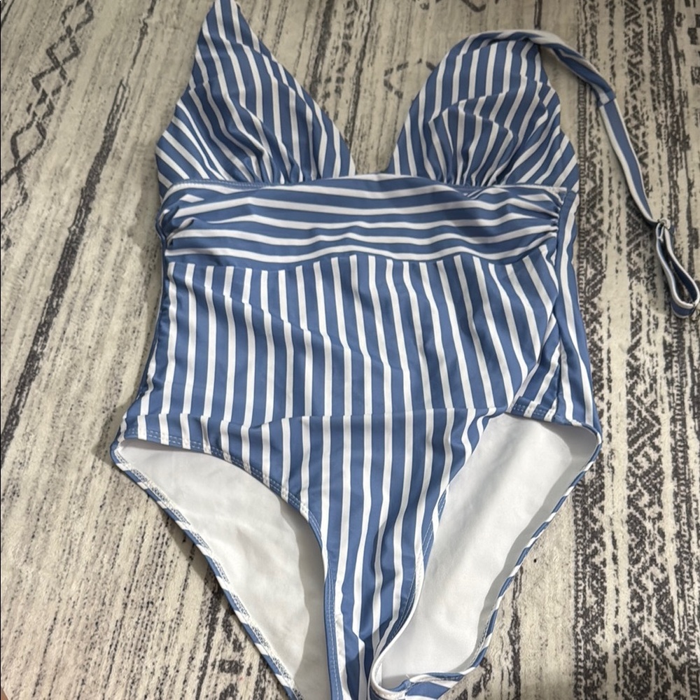 Blue and White Striped One Piece Swimsuit with Nautical Charm